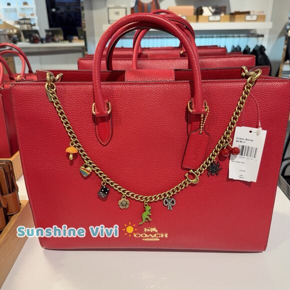 NWT Bundle Coach Maggie Tote Bag Leather CY666 Gold/True Red & Long Charm Chain - Picture 1 of 16